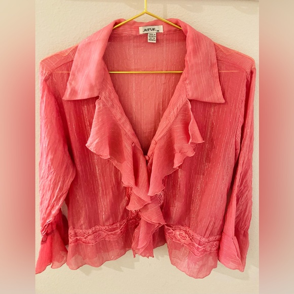Two Pink Jaipur Blouse 
Silver & Ruffling & Pink with designs - Picture 4 of 11